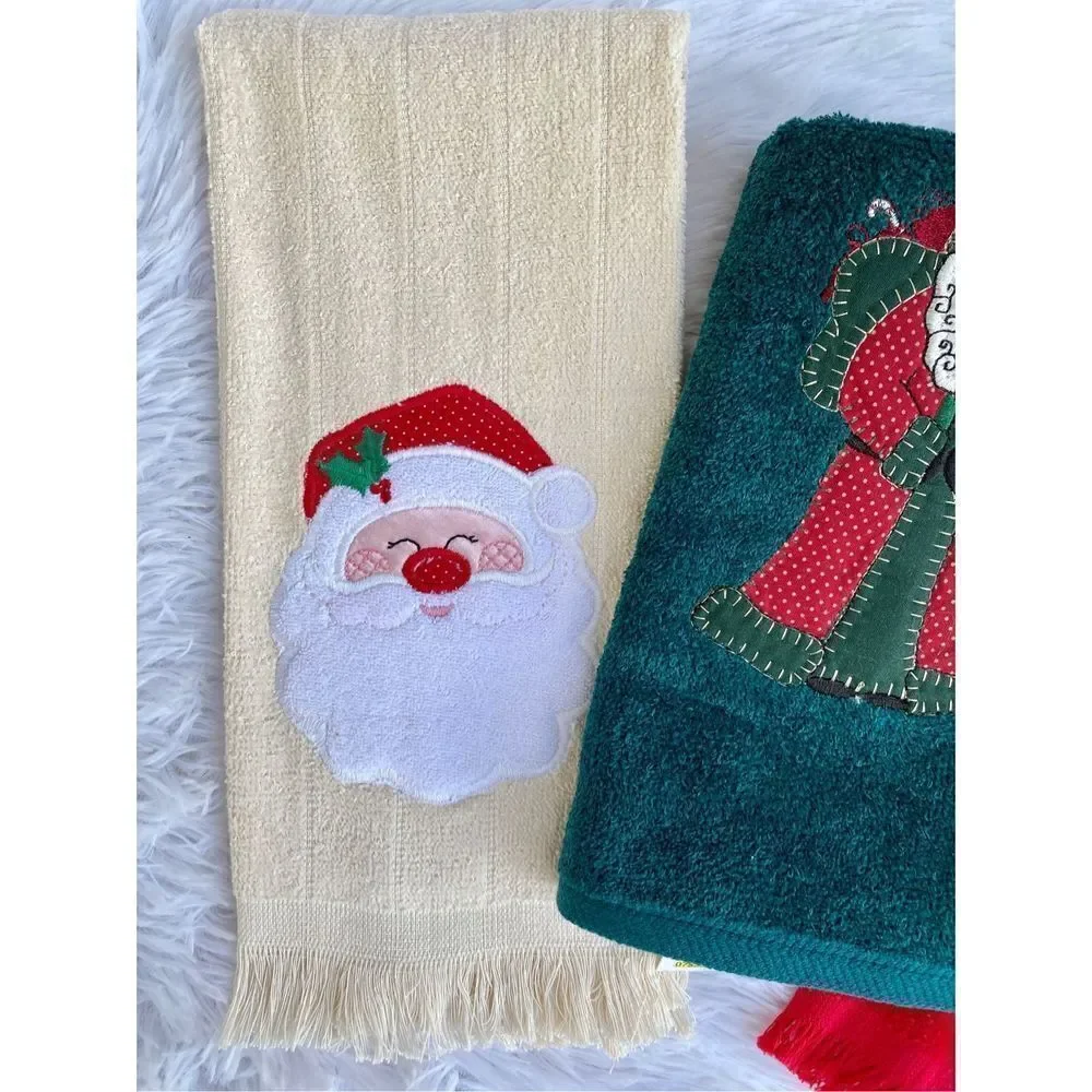 NWT NEW 3 PC Red Cream Green Christmas Vintage Santa Hand Towels